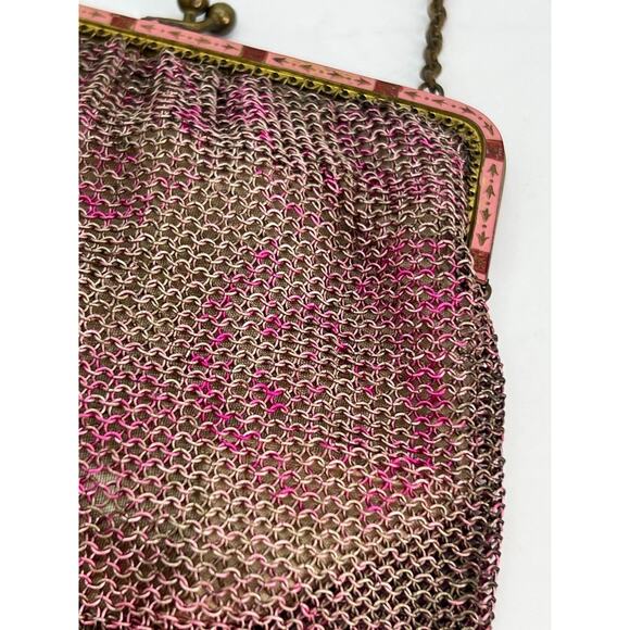 Antique Ornate German Enamel Mesh Coin Purse Bag Pink Repousse Frame Lining good - Picture 14 of 16